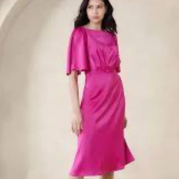 Banana Republic Satin Magenta Midi Dress Elegant Pink Flutter Sleeve Dress - Picture 7 of 13